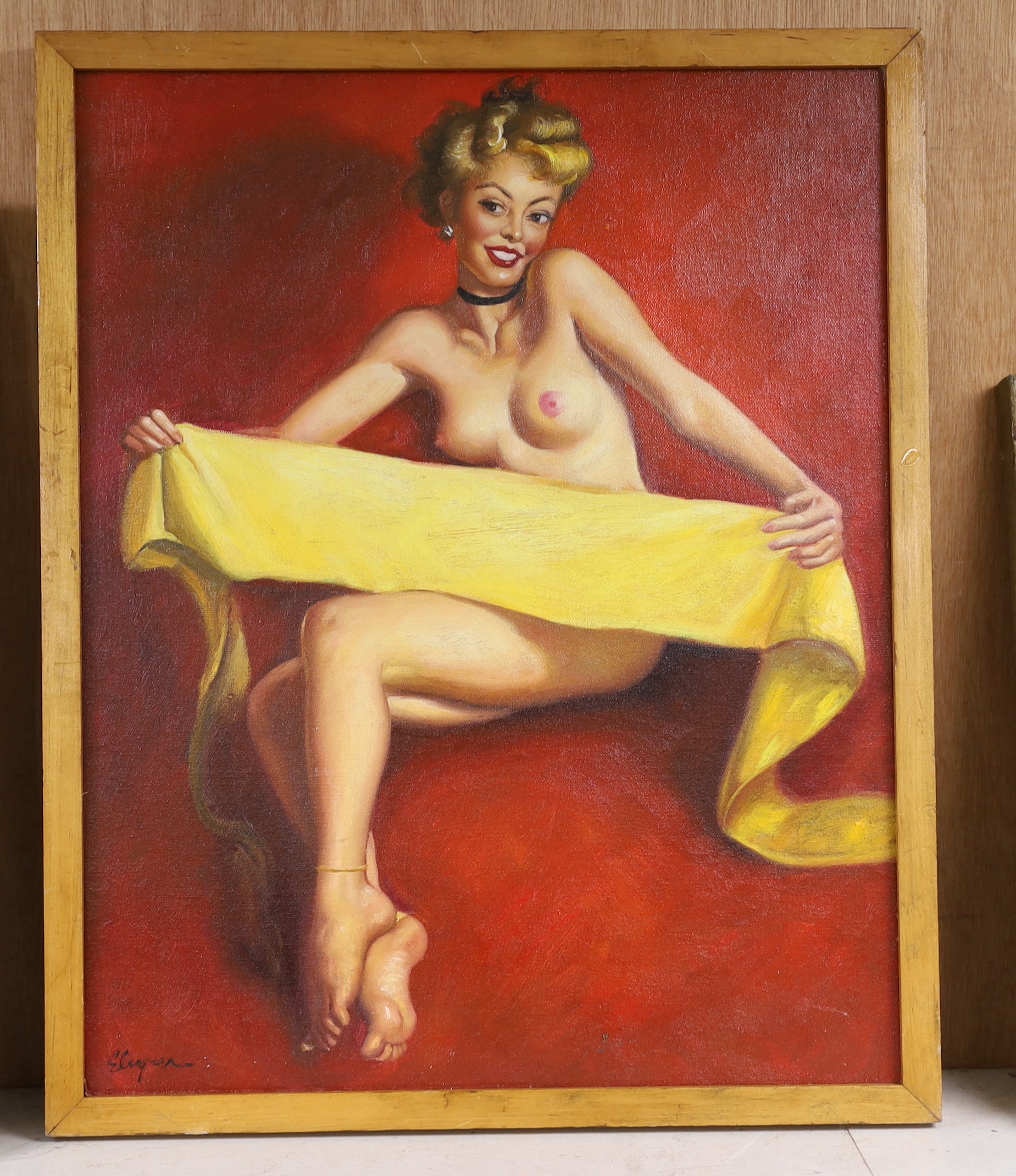 1950's Style. Oil on board, pin-up style portrait of a semi-nude lady, 49cm x 39cm